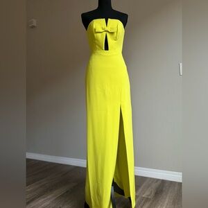 Liv Foster Neon Yellow Strapless Bow Maxi Dress Slit Formal Gown Size 4
